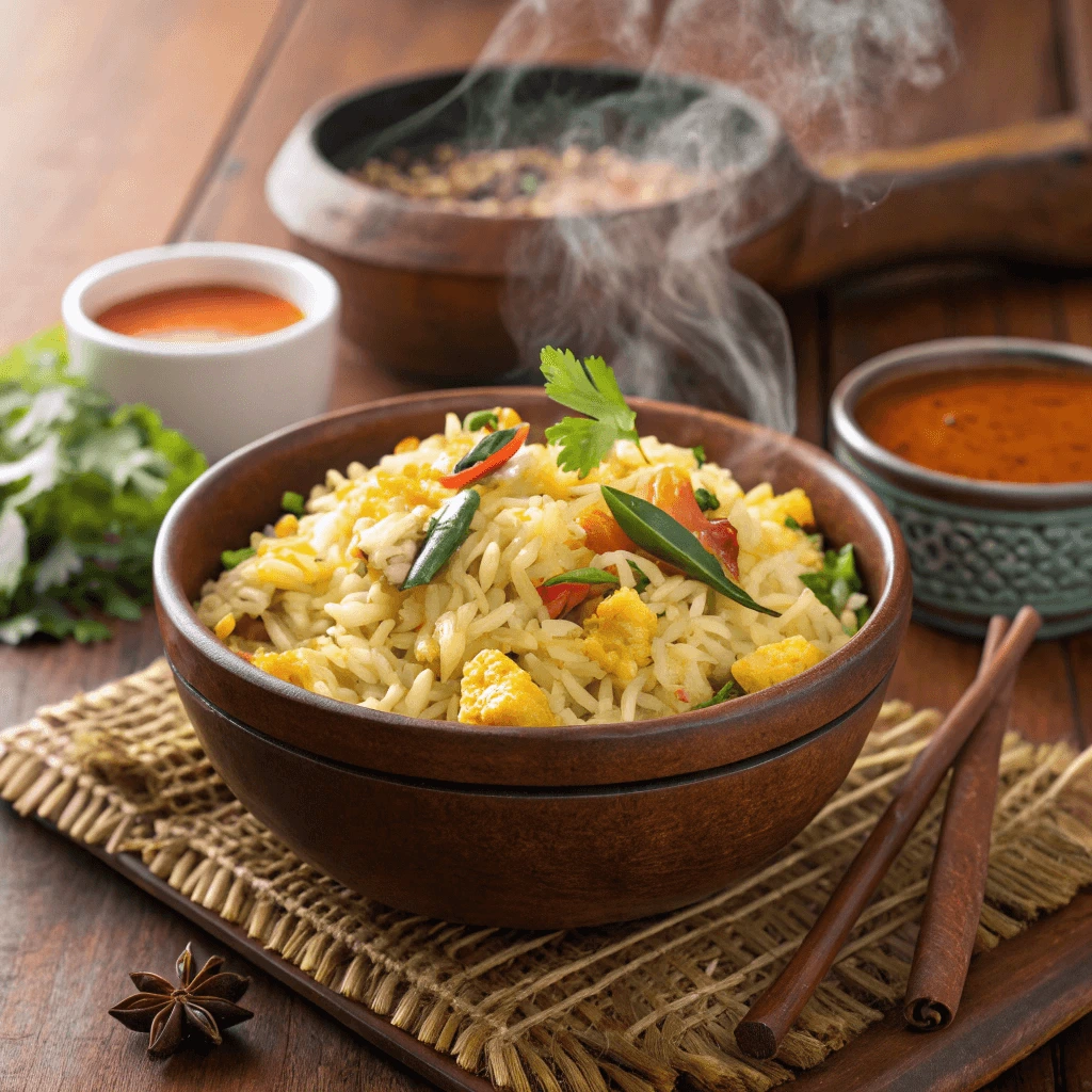 Authentic Anjappar Egg Fried Rice served in a bowl with vibrant spices