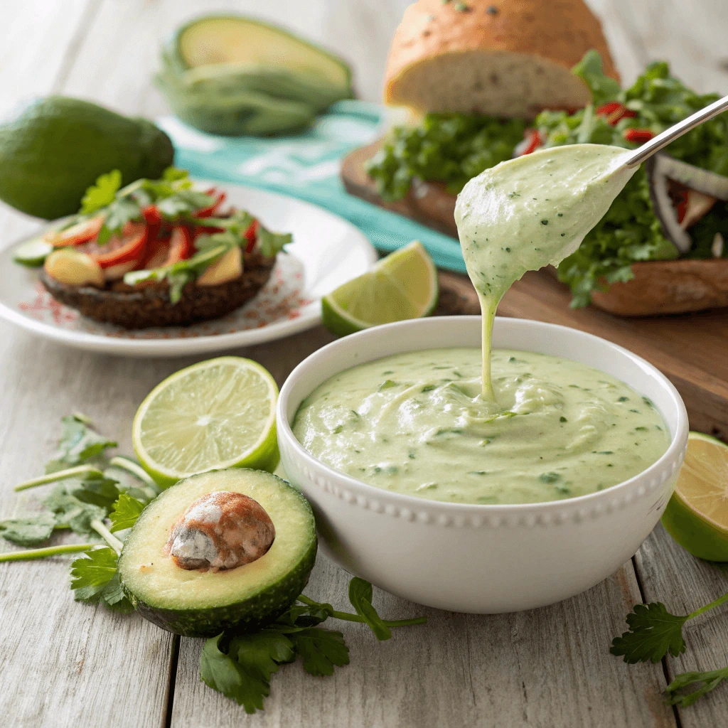 A jar of avocado lime ranch dressing with lime wedges and herbs.