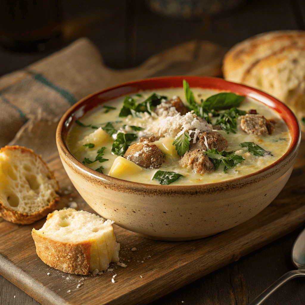 A bowl of creamy Parmesan Italian sausage soup garnished with fresh herbs