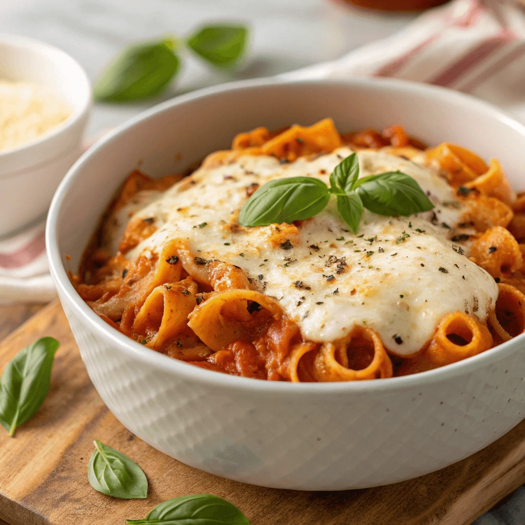 A bowl of one-pot cheesy tomato wagon wheel pasta with melted mozzarella