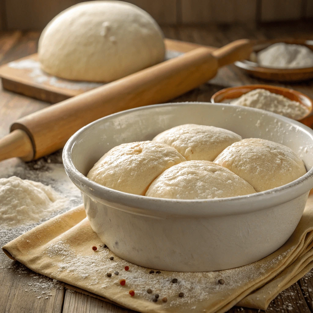 Soft, risen bread dough in a bowl ready for baking.