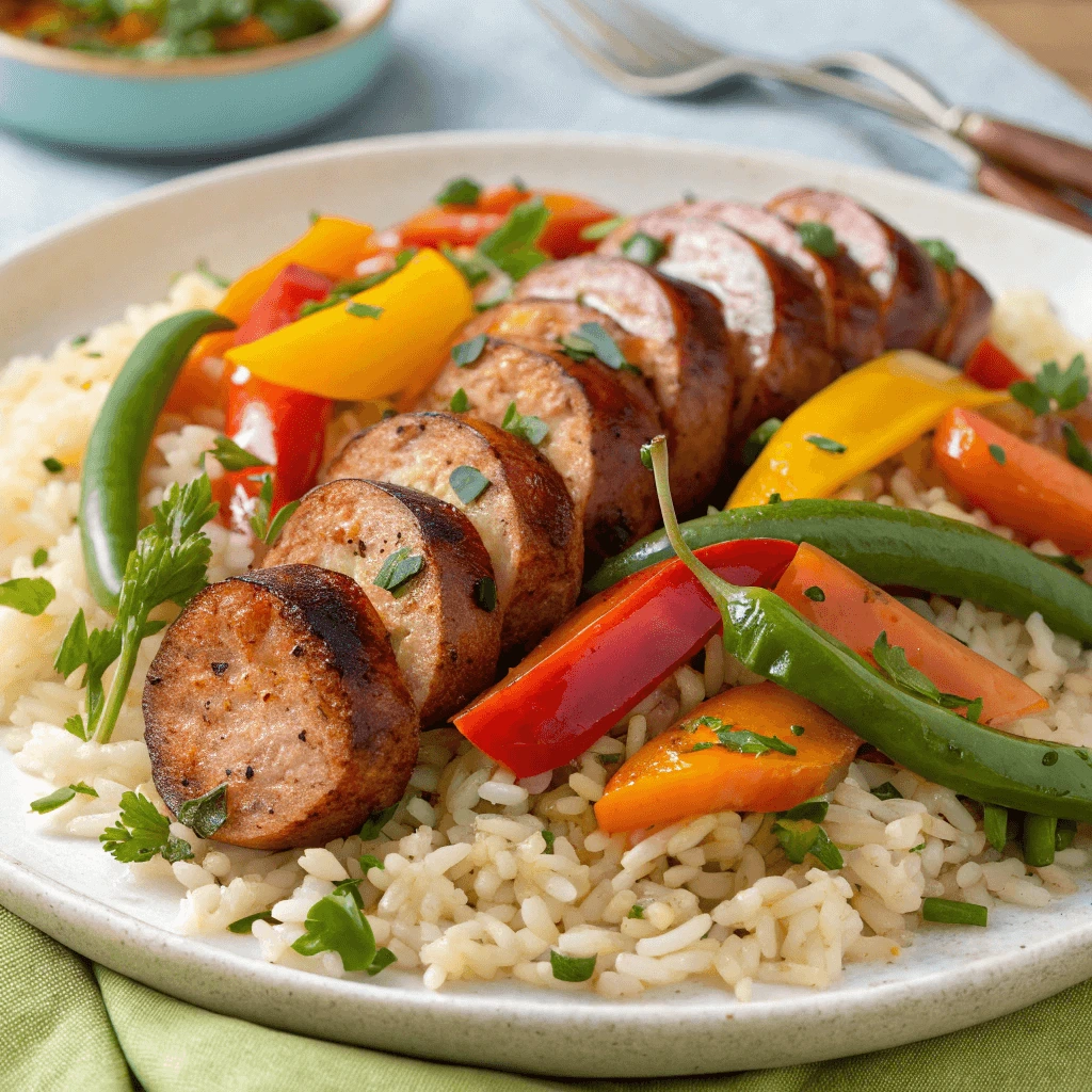 Chicken Andouille Sausage served with rice and vegetables