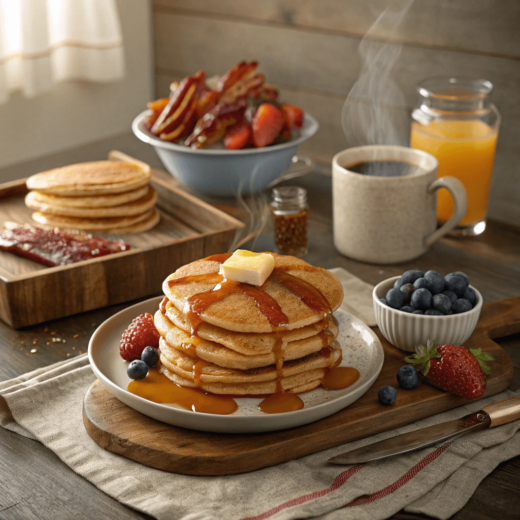 Classic CMS pancake breakfast ingredients on a kitchen counter