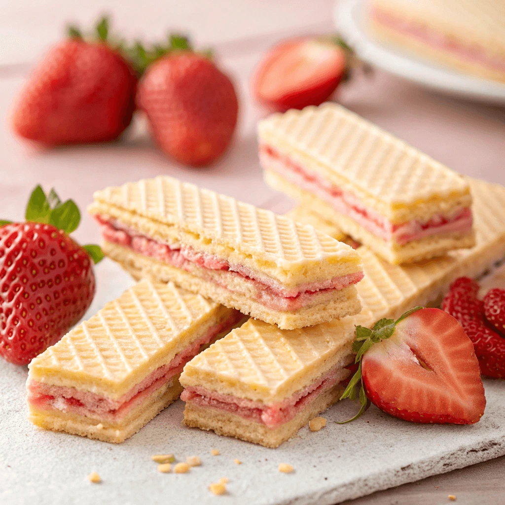 Close-up of strawberry wafers on a wooden table