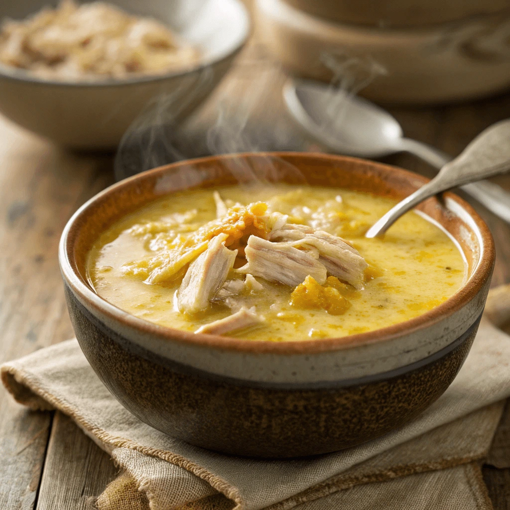  Bowl of creamy chicken and egg yolk soup served with a spoon.