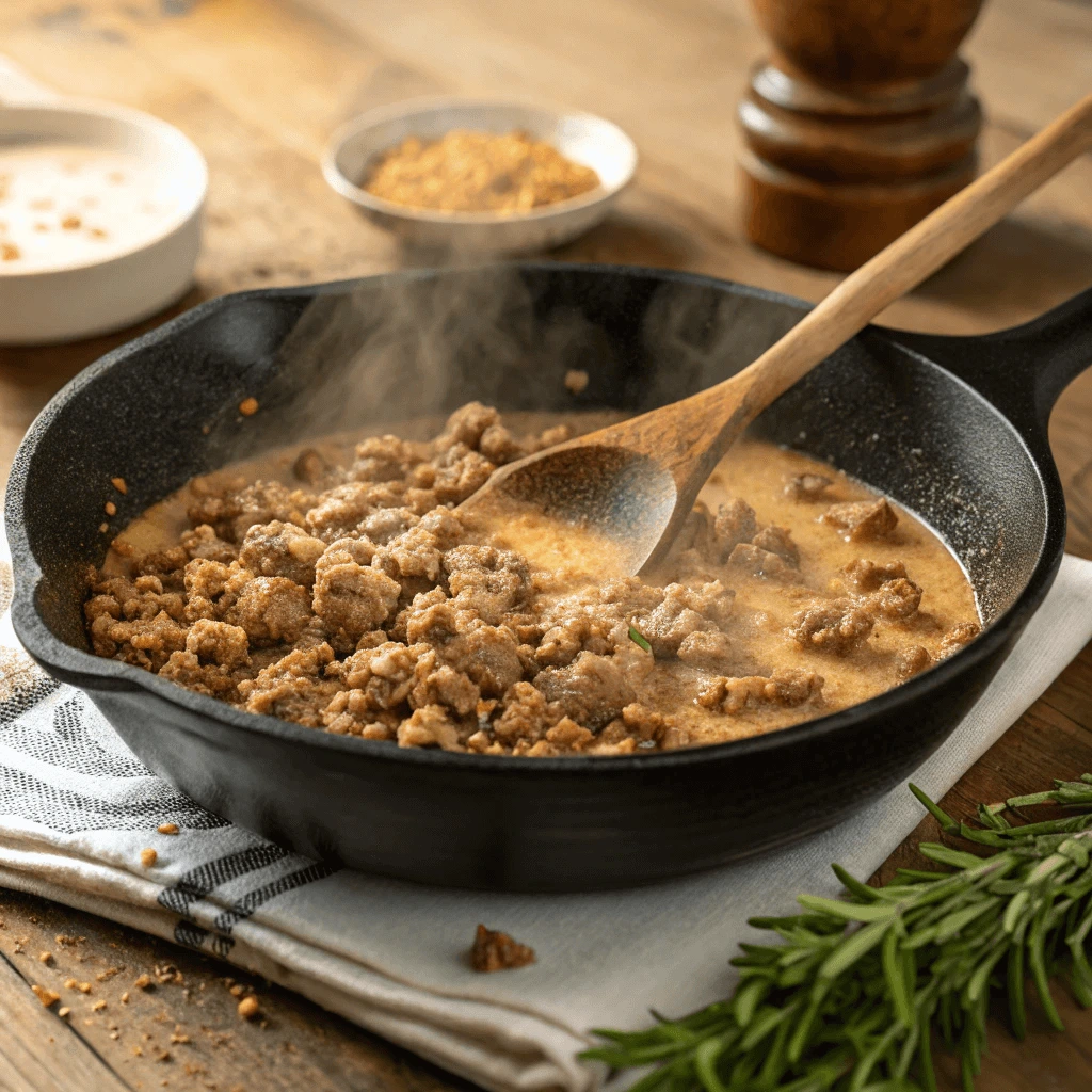 Close-up of sausage turkey fat gravy in a skillet