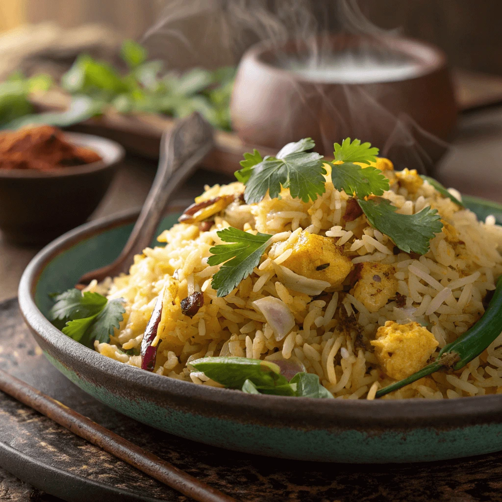 Close-up of a plate of Anjappar-style egg fried rice garnished with fresh coriander