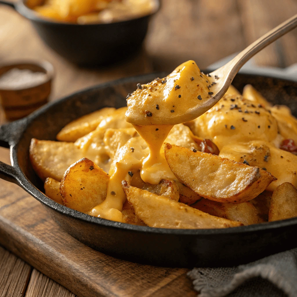 A plate of cheesy smothered potatoes  topped with melted cheese.