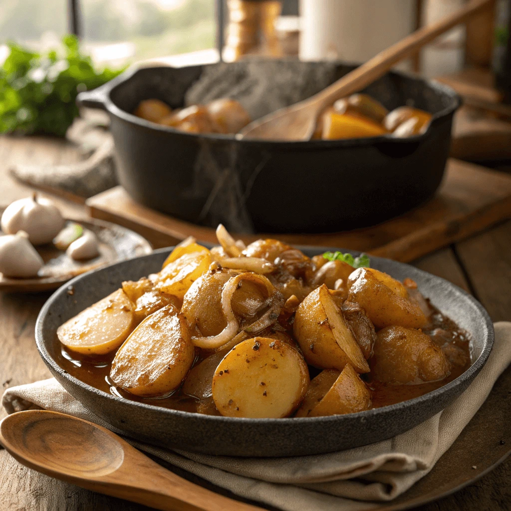  Plate of classic Southern smothered potatoes with onions and bell peppers.