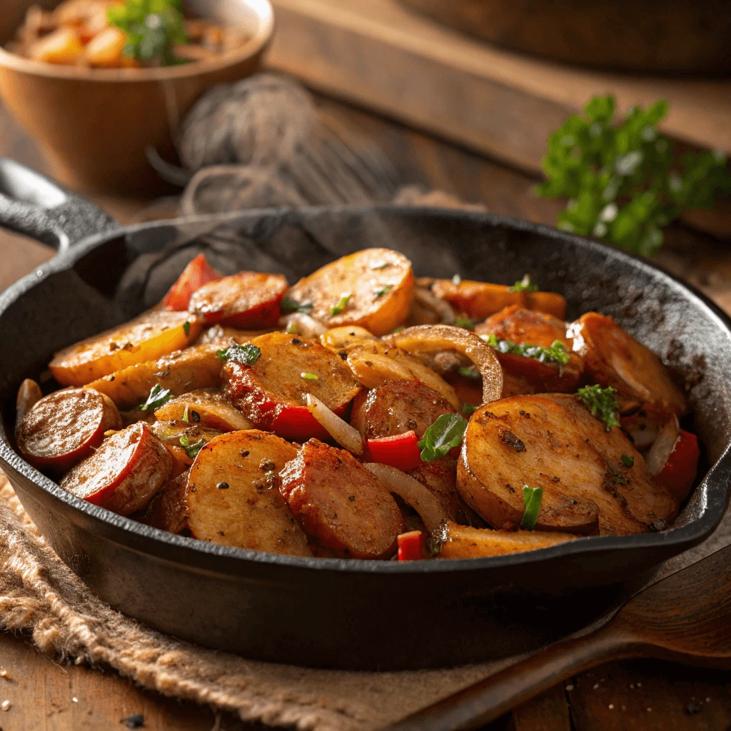 Plate of Cajun smothered potatoes recipe with sausage and bell peppers.