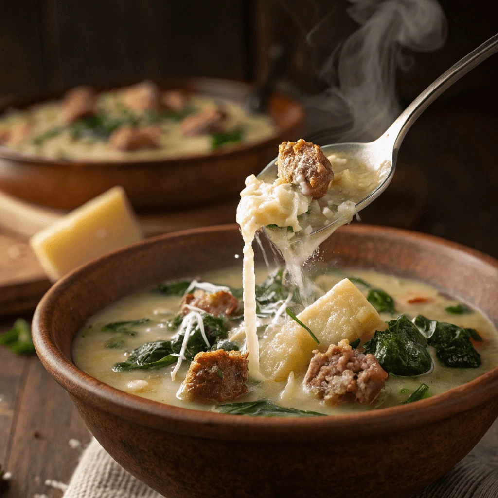 Close-up of a spoonful of creamy Italian Sausage Soup