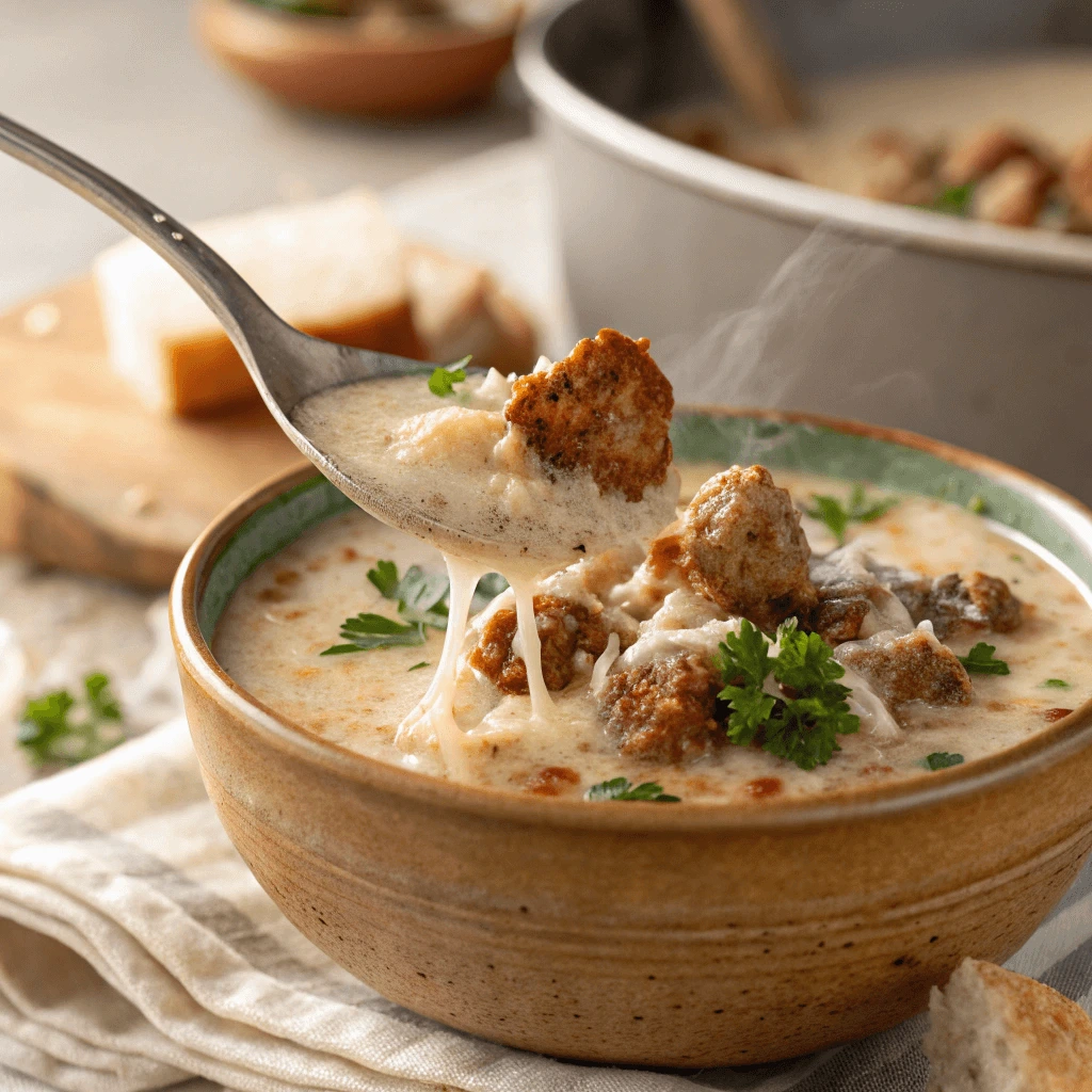 A spoonful of Creamy Parmesan Italian Sausage Soup