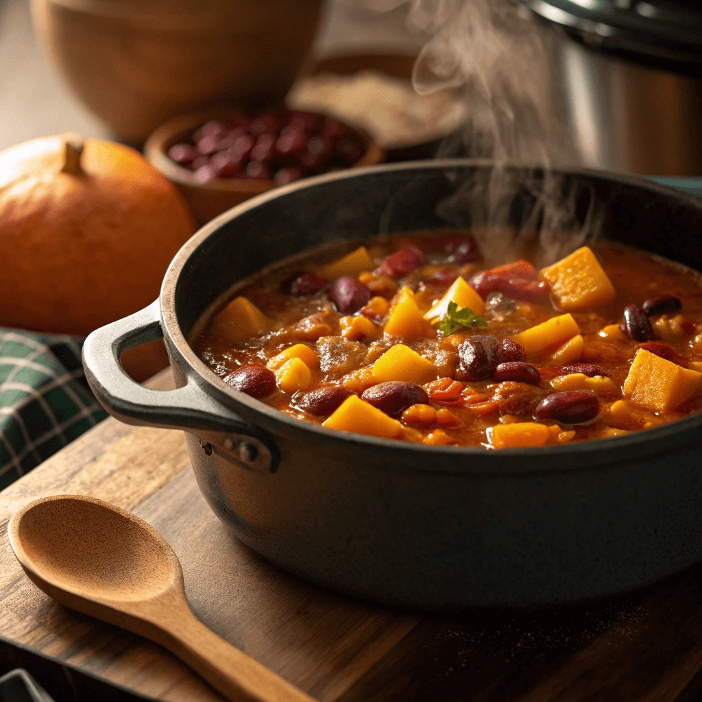 A close-up of the squash and kidney beans simmering in a pot.