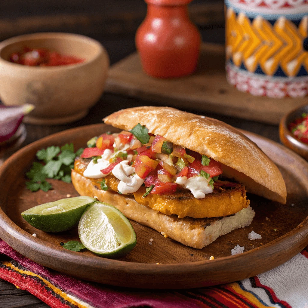 Close-up of a crispy Oaxacan Plantain Sandwich