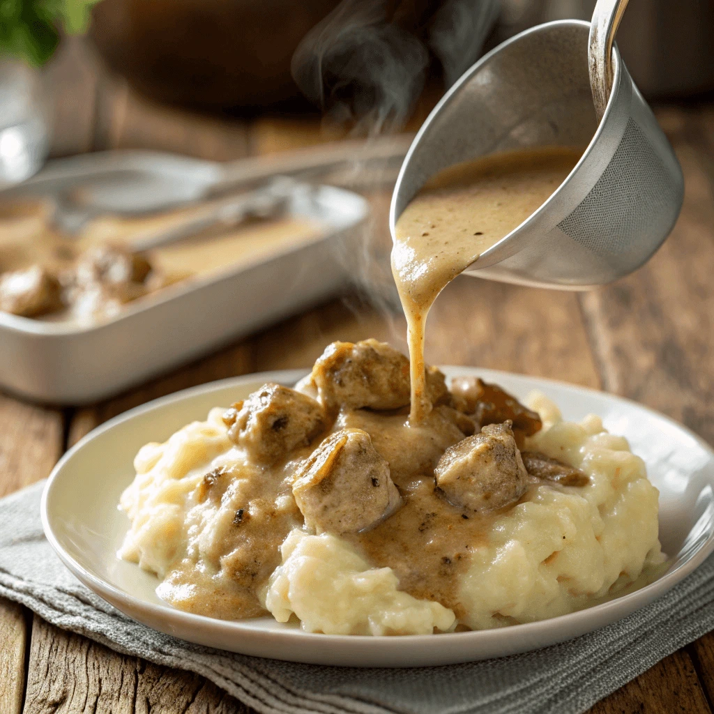 Pouring sausage turkey fat gravy over mashed potatoes