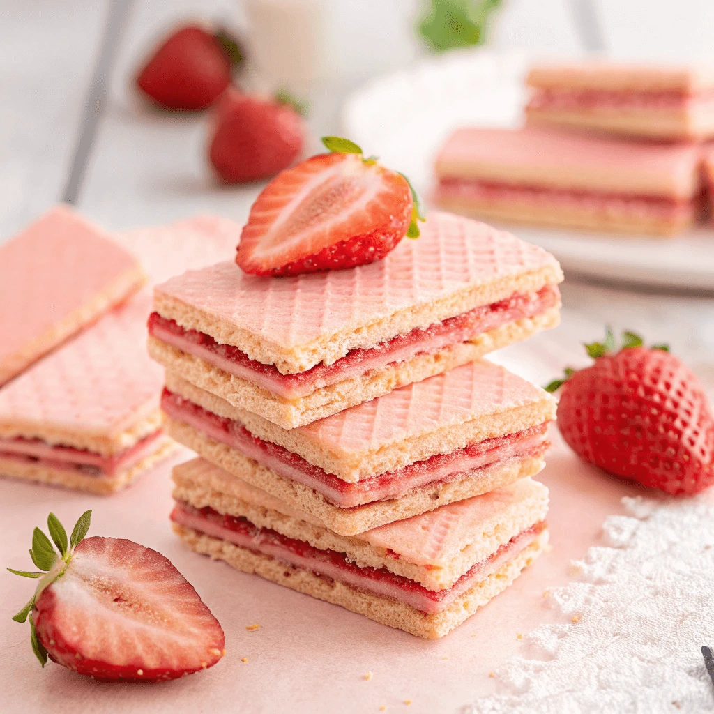 Strawberry wafers on a plate with a sweet crunch.