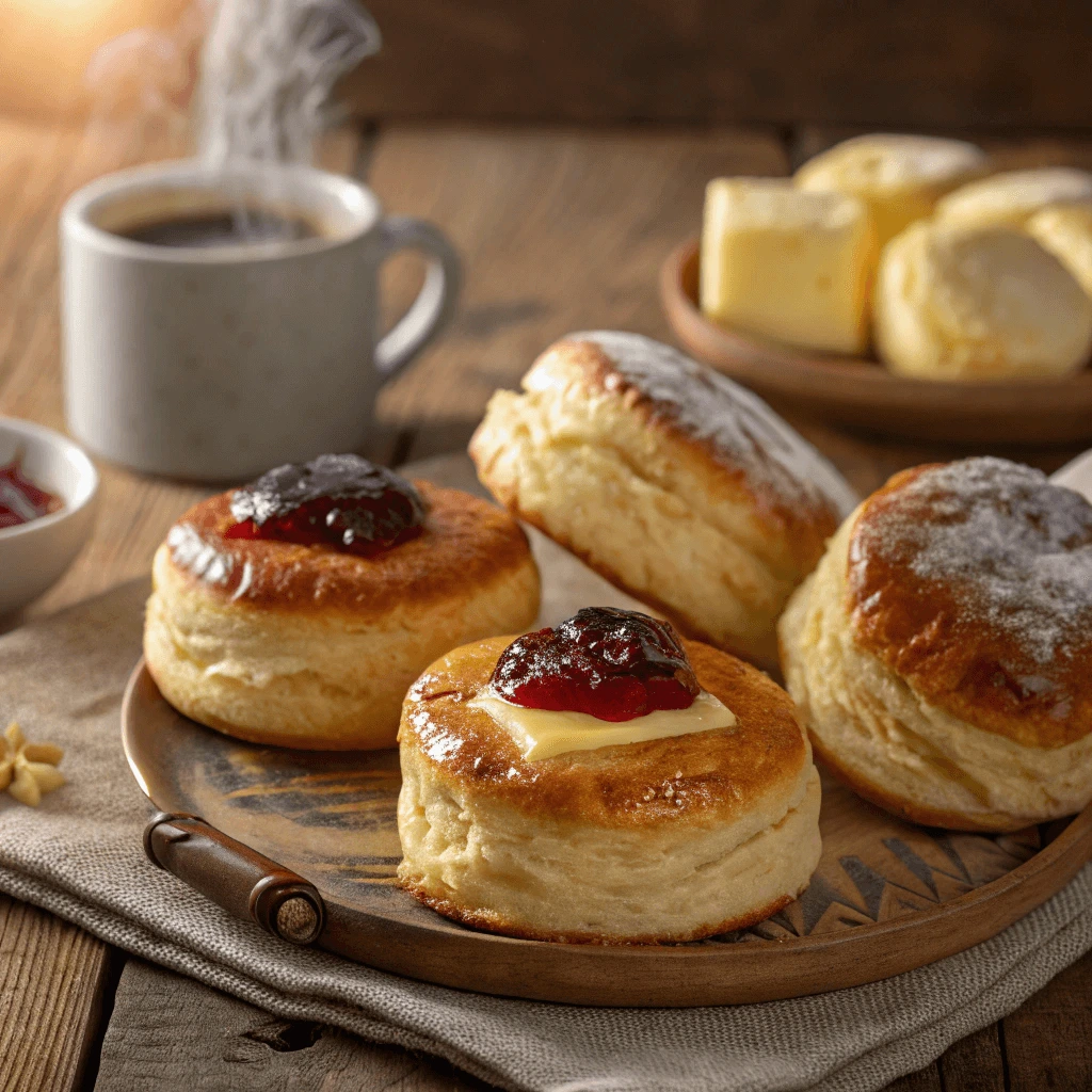 Freshly baked buttery breakfast pastries on a cooling rack.