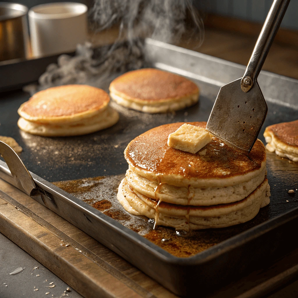 Golden CMS pancakes cooking on a griddle