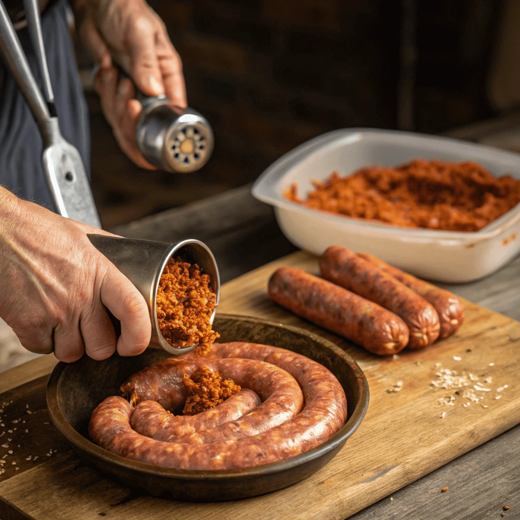 Stuffing chicken Andouille sausage in casings