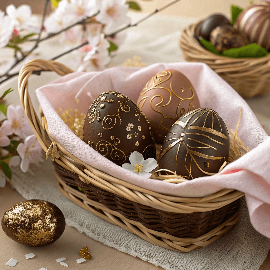 Close-up of chocolate eggs in a decorative basket.