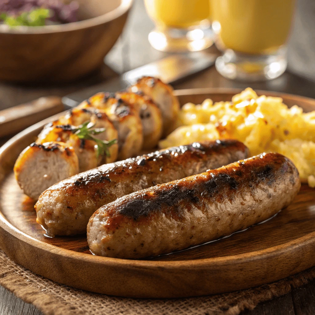 Golden brown crispy and juicy breakfast sausage links on a plate