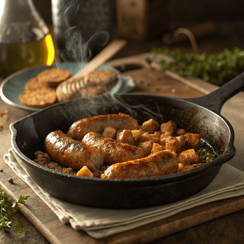 A pan of sizzling turkey sausage being cooked for gravy.