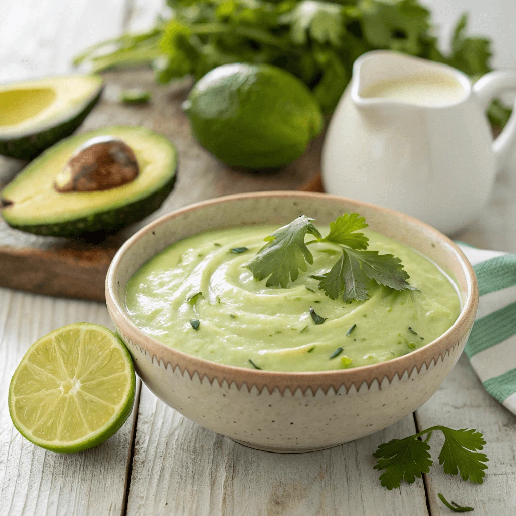 A bowl of homemade avocado lime ranch dressing with fresh ingredients.