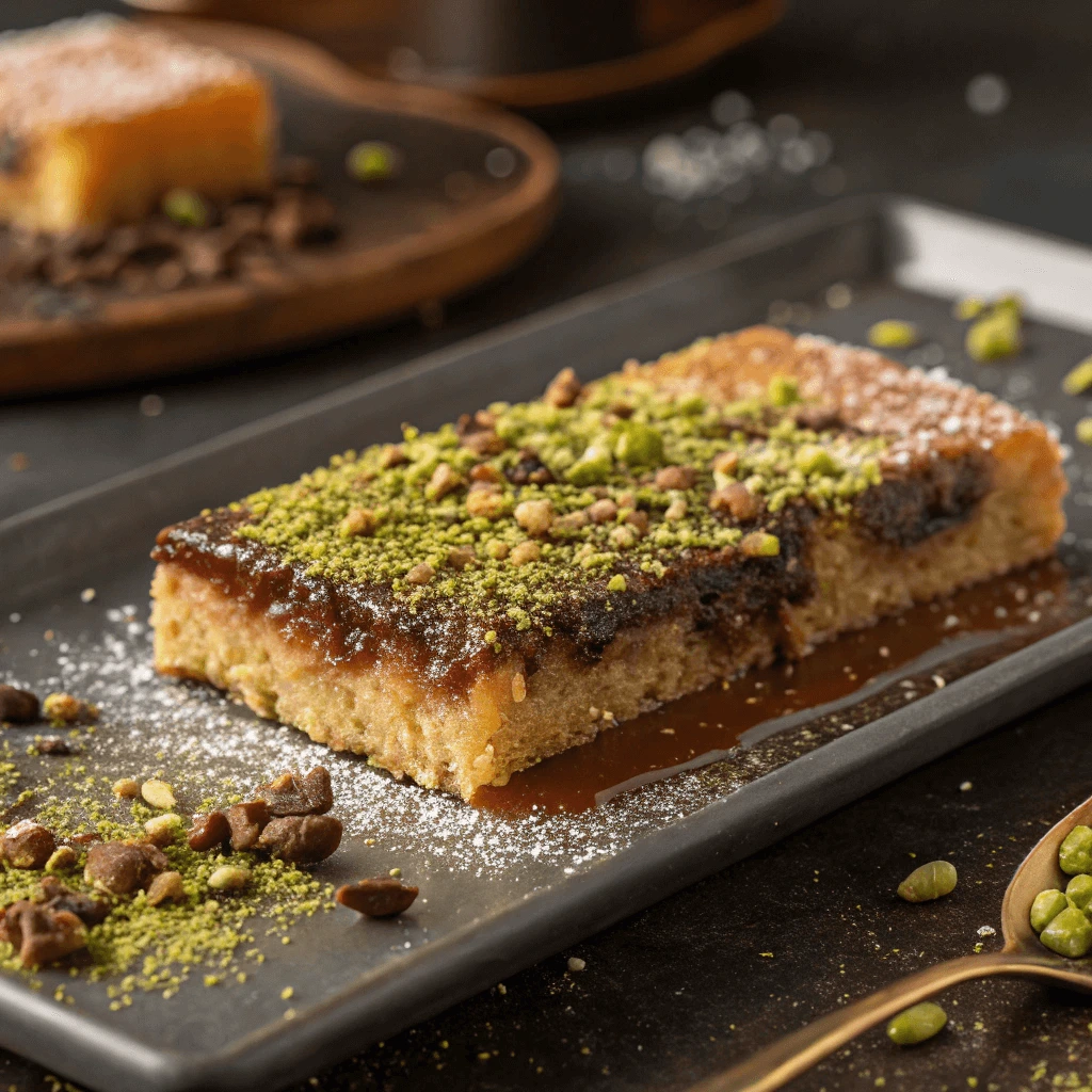 Close-up of a Knafeh chocolate bar topped with pistachios.