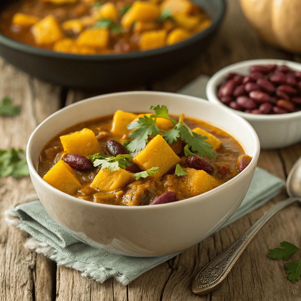 Close-up of a serving of squash and kidney beans stew on a rustic wooden table