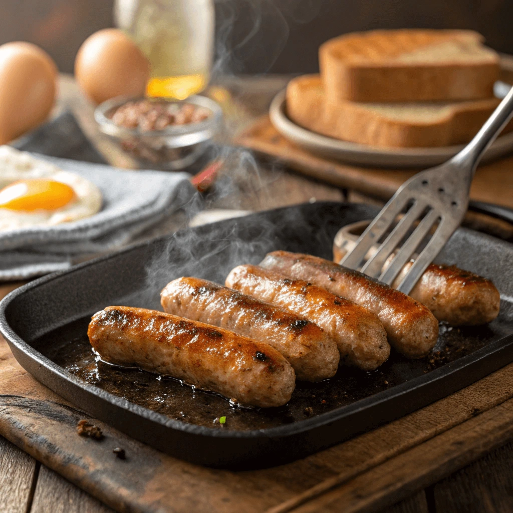 Griddled chicken sausage links with a crispy, juicy texture