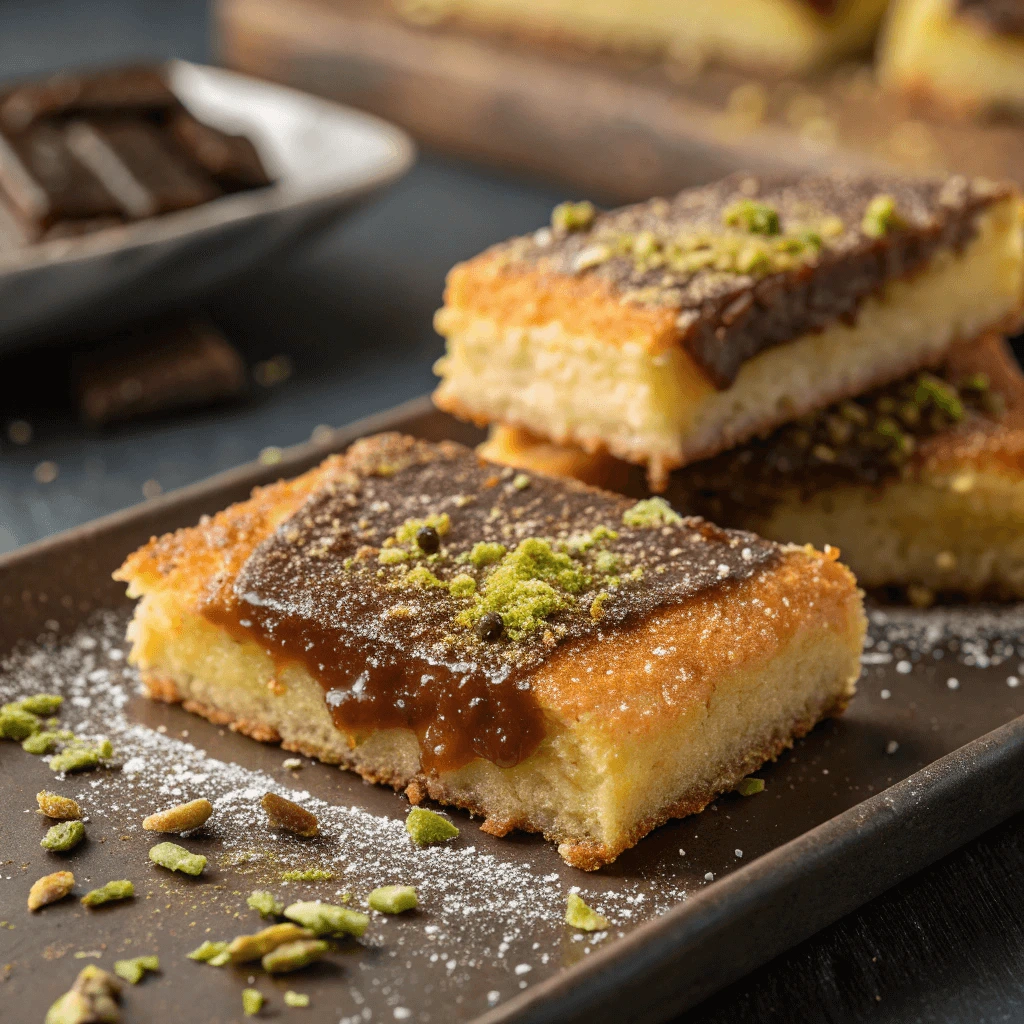 Close-up of crispy, golden Knafeh Chocolate Bars with creamy chocolate filling