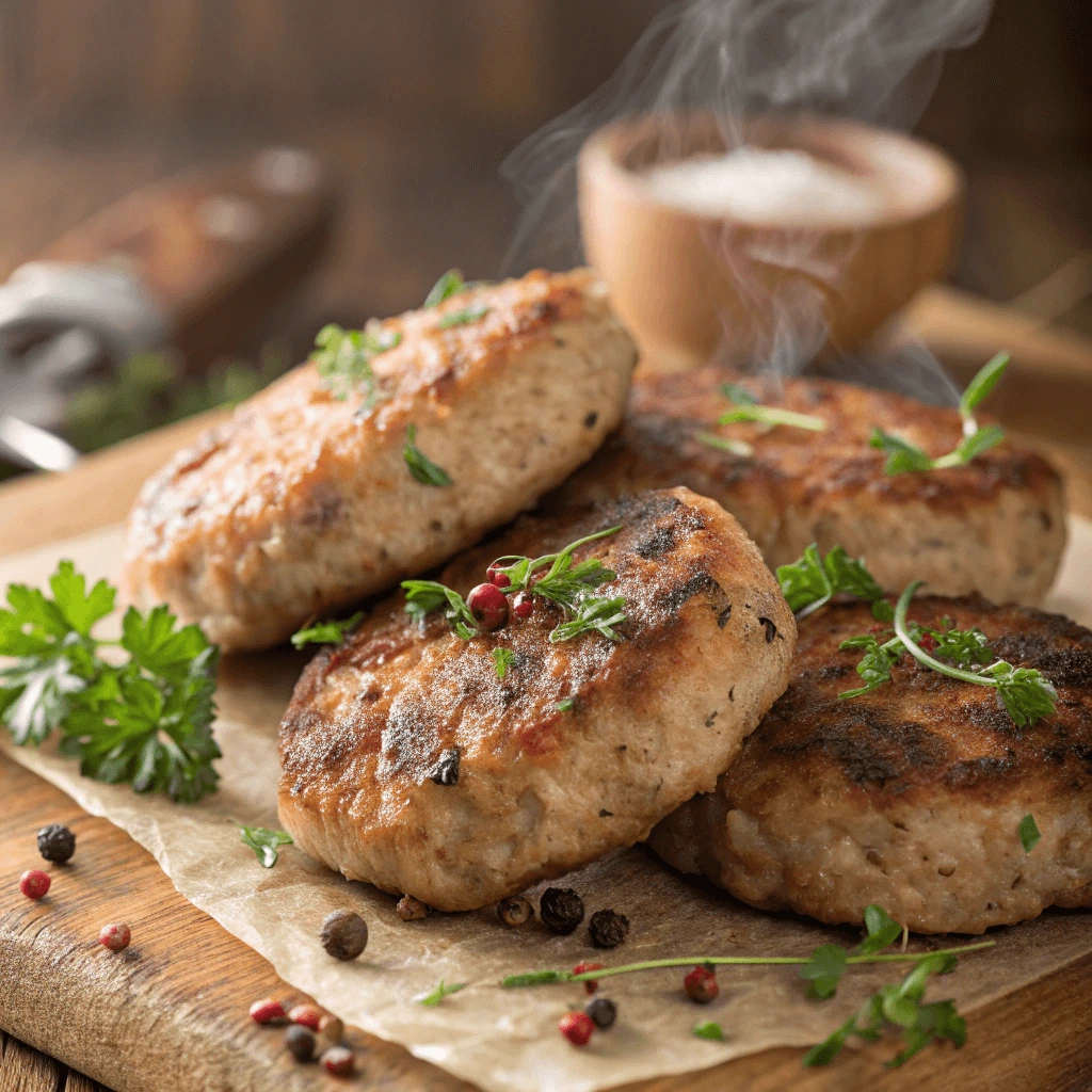 Close-up of turkey sausage patties with herbs and spices sprinkled on top