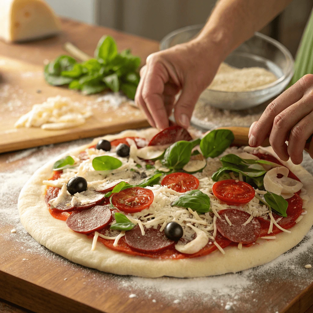  Close-up of pizza toppings being evenly distributed on a 14-inch pizza. 