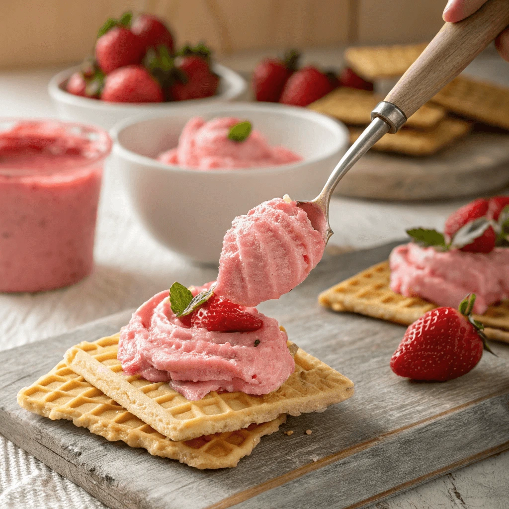 A close-up of strawberry cream filling being spread on freshly baked wafers