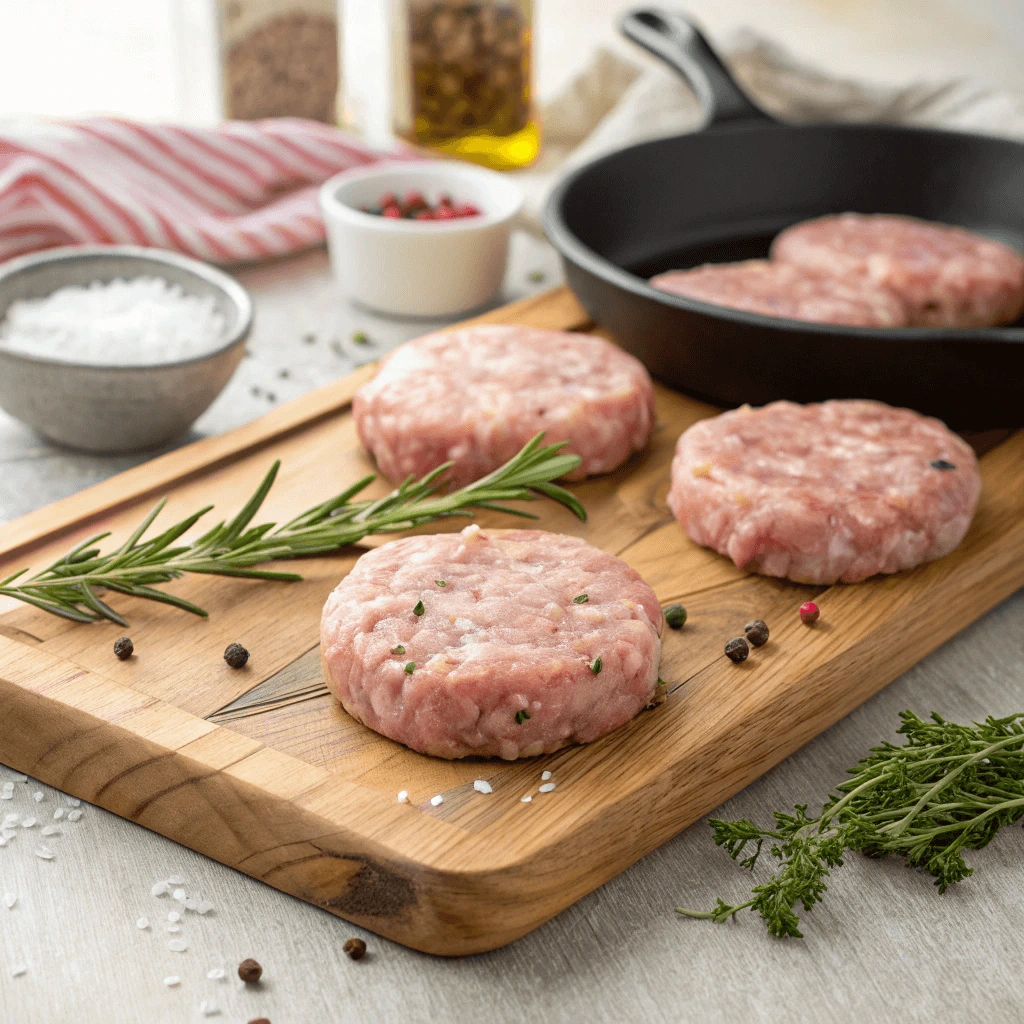 Raw turkey sausage patties on a cutting board ready to be cooked.