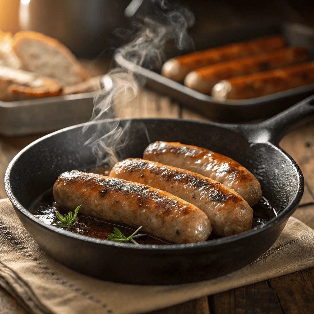 Close-up of golden-brown breakfast sausage links sizzling in a cast-iron skillet