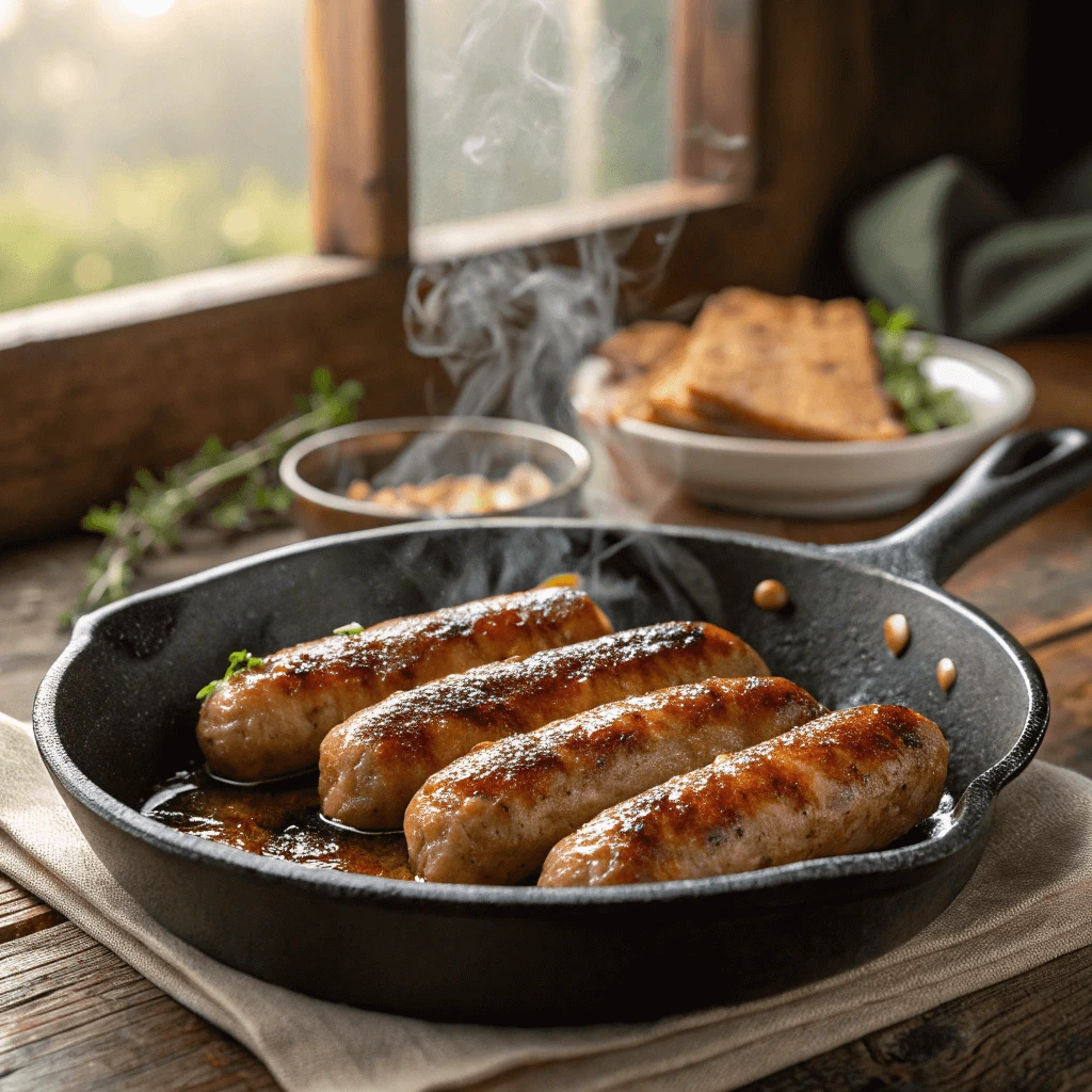 Healthy turkey sausage links sizzling in a pan