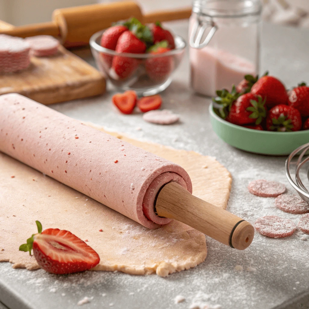 Strawberry wafer dough being carefully rolled out on a countertop.