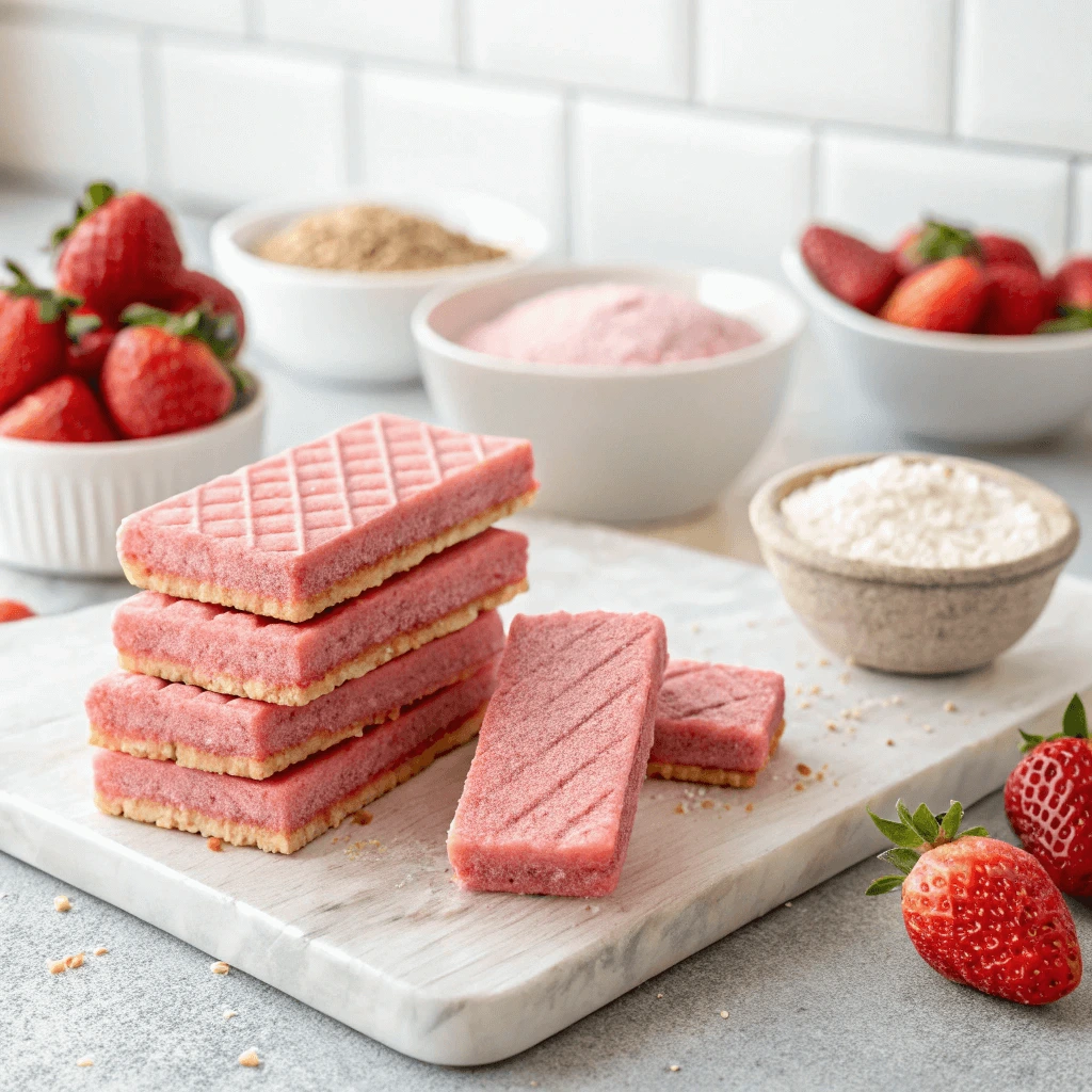 Close-up of strawberry wafers with nutrition labels and ingredients on a counter