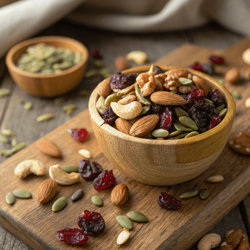 A glass jar filled with homemade pumpkin seed trail mix with nuts and dried fruit.