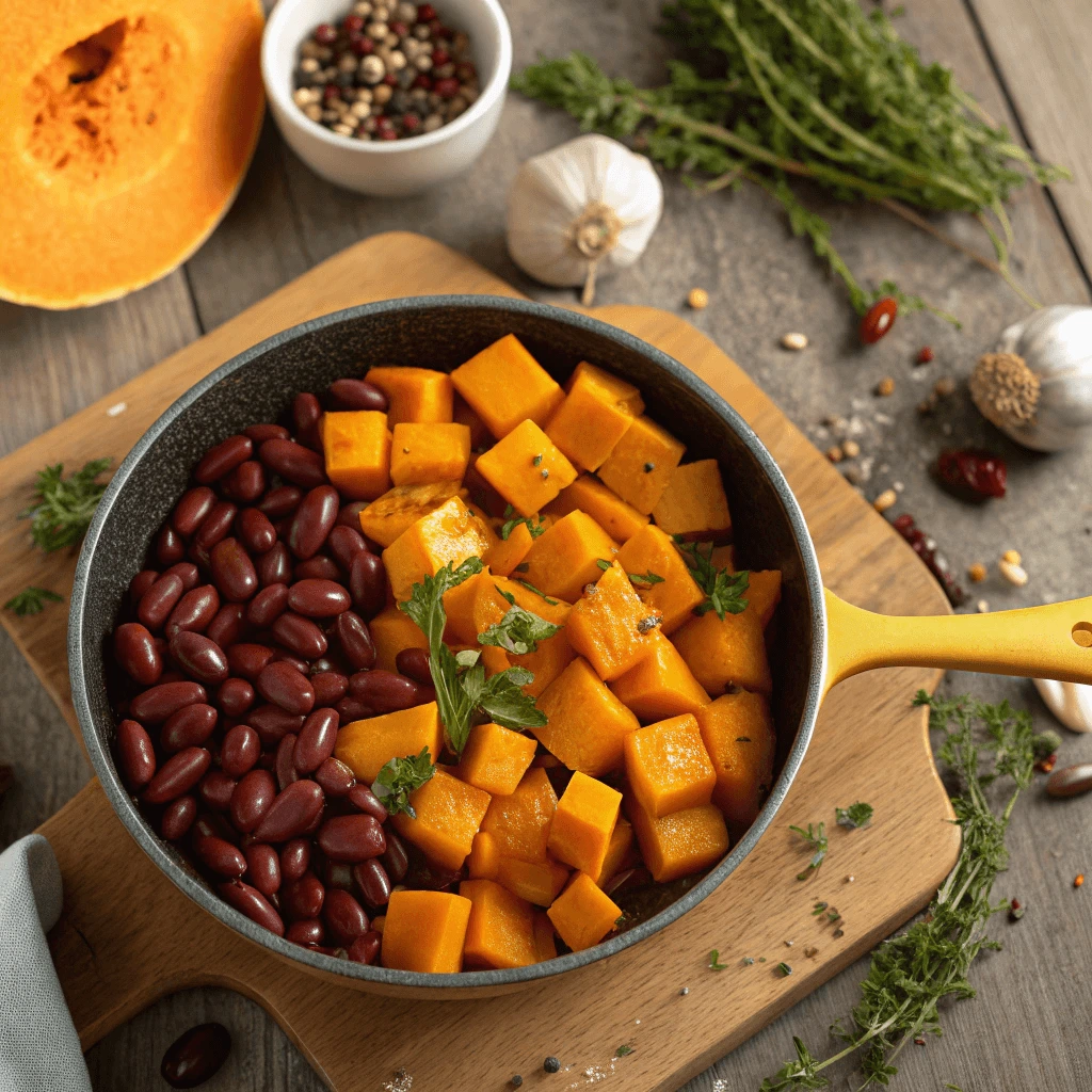  Chopped squash and kidney beans ready for cooking in a pan.