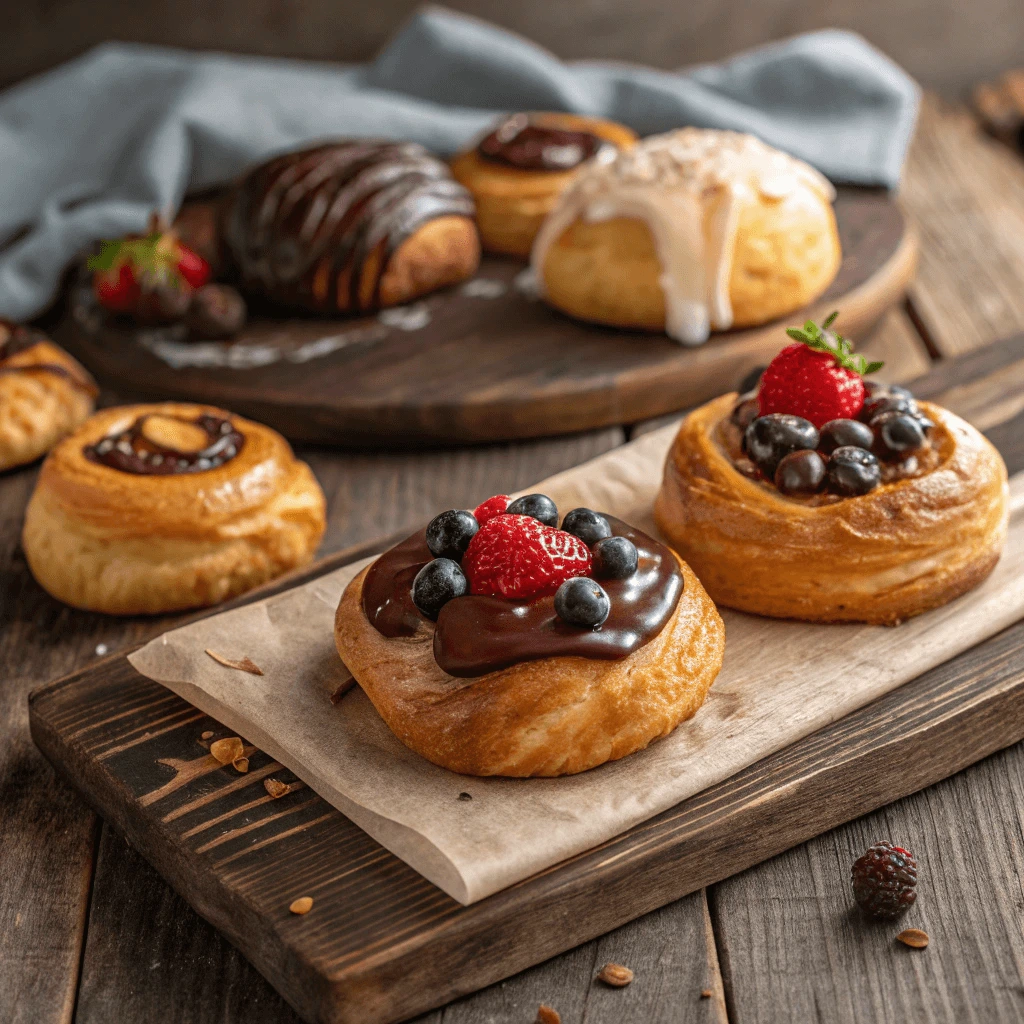 Variety of homemade pastries filled with cream cheese, fruit, and chocolate.