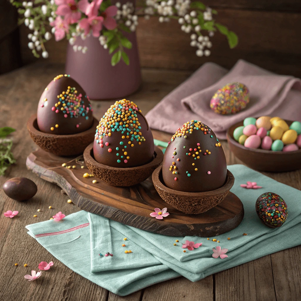 Homemade chocolate eggs decorated with colorful sprinkles for Easter.