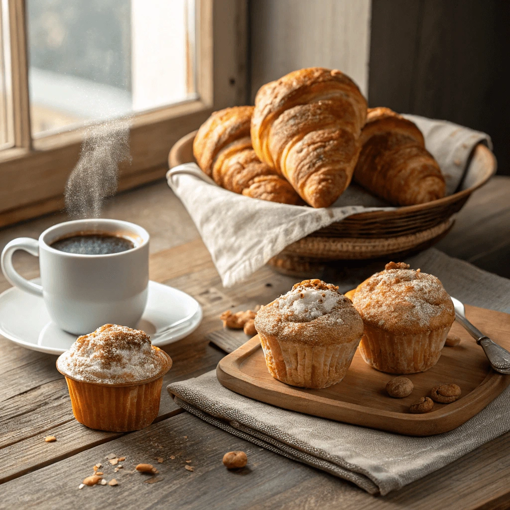 Freshly baked croissants and muffins for breakfast