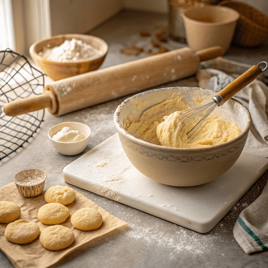 A baker mixing gluten-free dough in a bowl with a wooden spoon.