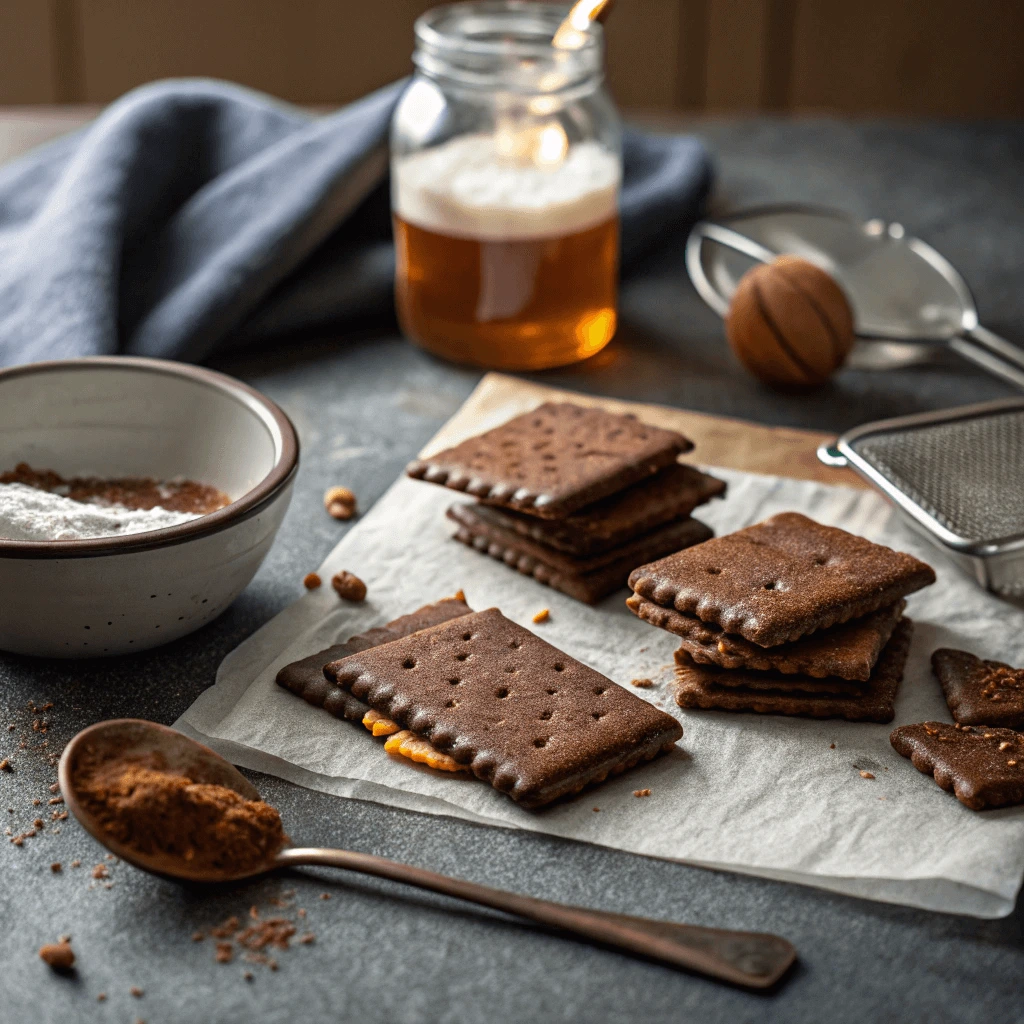 Vegan chocolate graham crackers stacked on a plate with a sprinkle of cocoa powder.