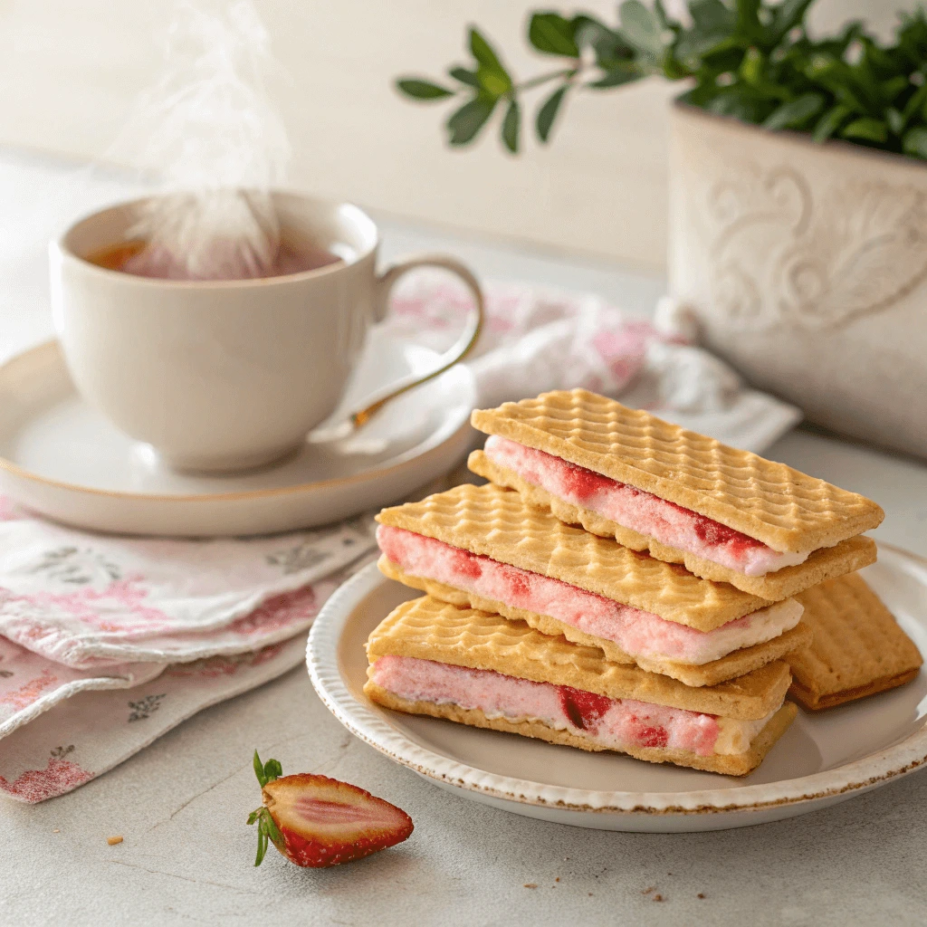 Serving strawberry wafers with a cup of tea