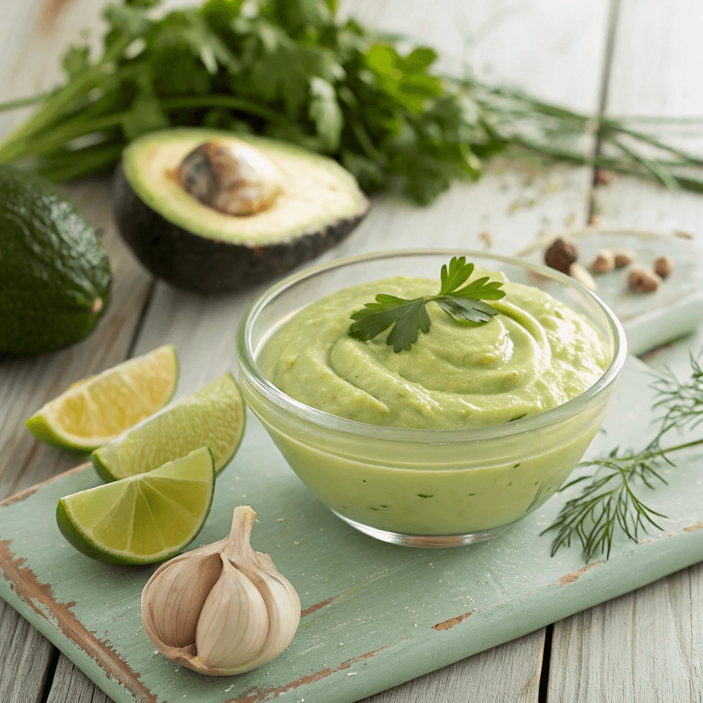 A bowl of creamy avocado lime ranch dressing garnished with fresh herbs.