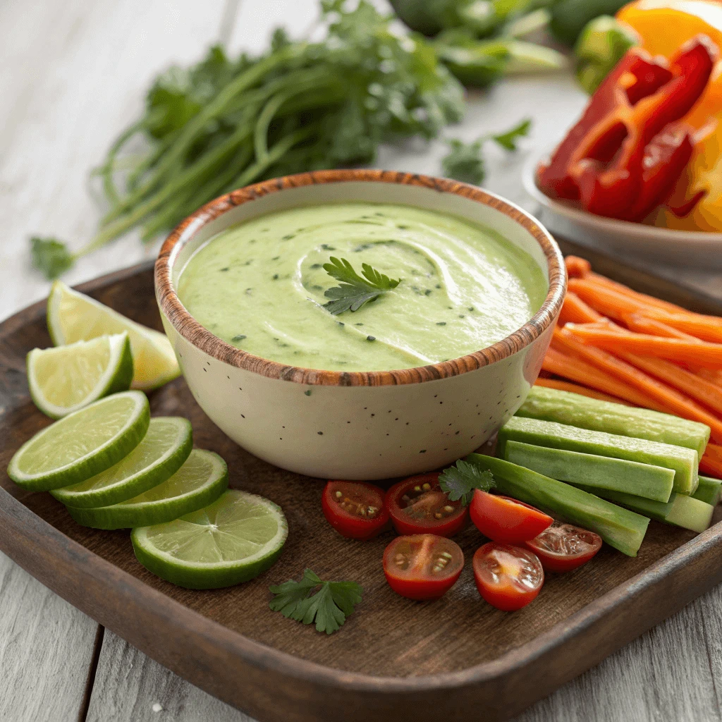 Smooth and rich avocado lime ranch dressing served with fresh veggies.