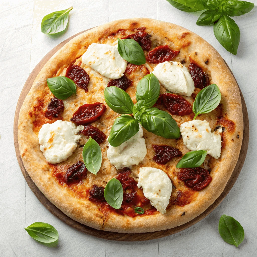 14 inch pizza with fresh basil, goat cheese, and sun-dried tomatoes